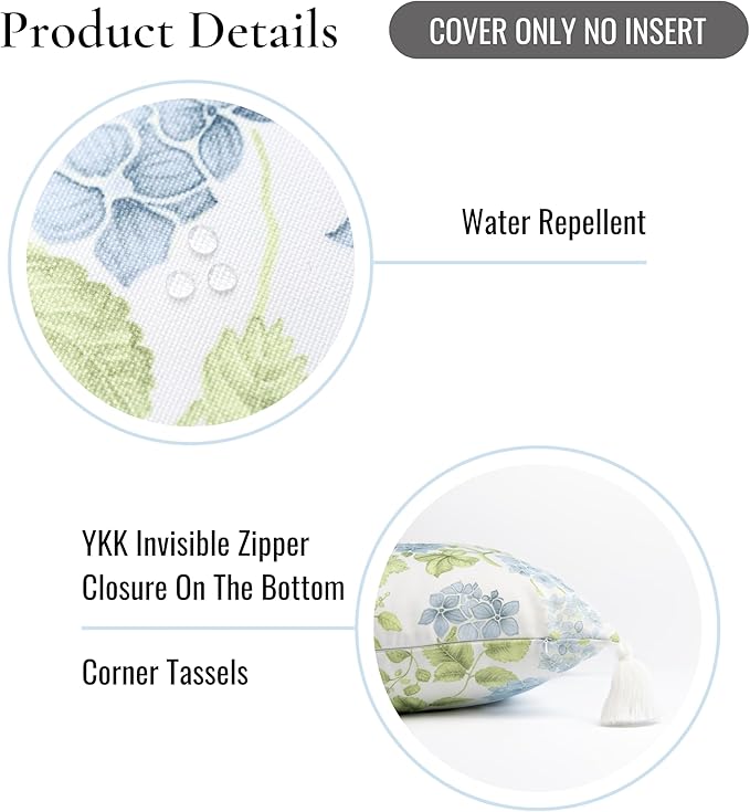 Hofdeco Premium Coastal Patio Indoor Outdoor Lumbar Pillow Cover Only, 12"x20" Water Repellent for Backyard, Couch, Baby Blue Green Print Sketch Hydrangea Flower