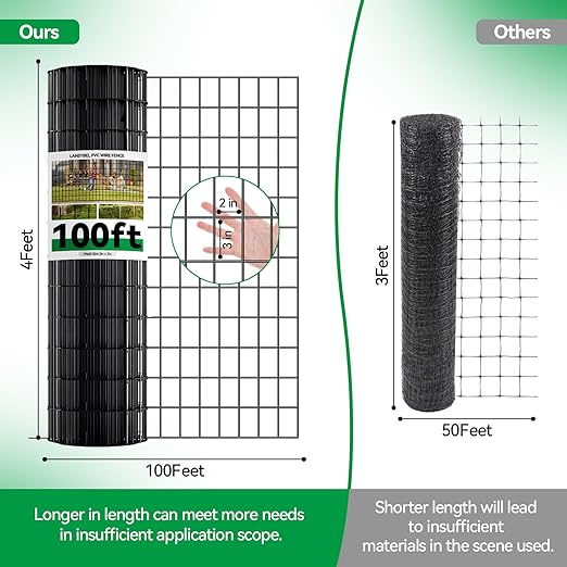 Welded Wire Fence, 100t(L) x 24inch(H) PVC Anti-Rust Coated Wire Mesh, 2 Inch x 3 Inch 16GA Garden Edging Border, Roll Metal Animal Barrier for Yard Vegetable Plant Protection Poultry Netting