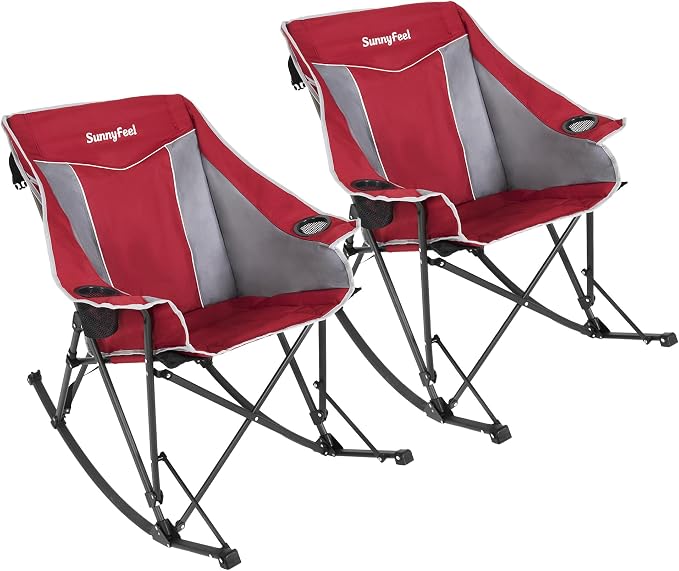 SUNNYFEEL Oversized Folding Rocking Camping Chair 2 Pack Fully Padded Patio Chair Red Portable Outdoor Rocker High Back Portable Lawn Recliner with Side Pocket Camp Rocker Chairs Heavy Duty 500 LBS