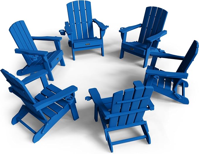 Folding Adirondack Chair Set of 6, HDPE Adirondack Chairs with 2 Cup Holder, Plastic All-Weather Fire Pit Chairs, Outdoor Lawn Chair for Patio Garden (Royal Blue)