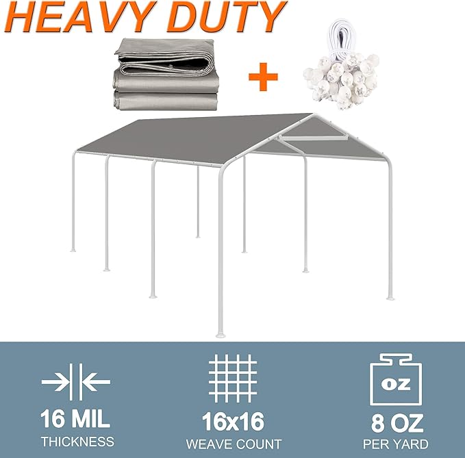 Thanaddo 10 x 20 Ft Carport Replacement Canopy Cover Garage Top Tent Shelter Tarp with Free 44 Ball Bungee Cords,Grey(Only Cover, Frame Not Include)