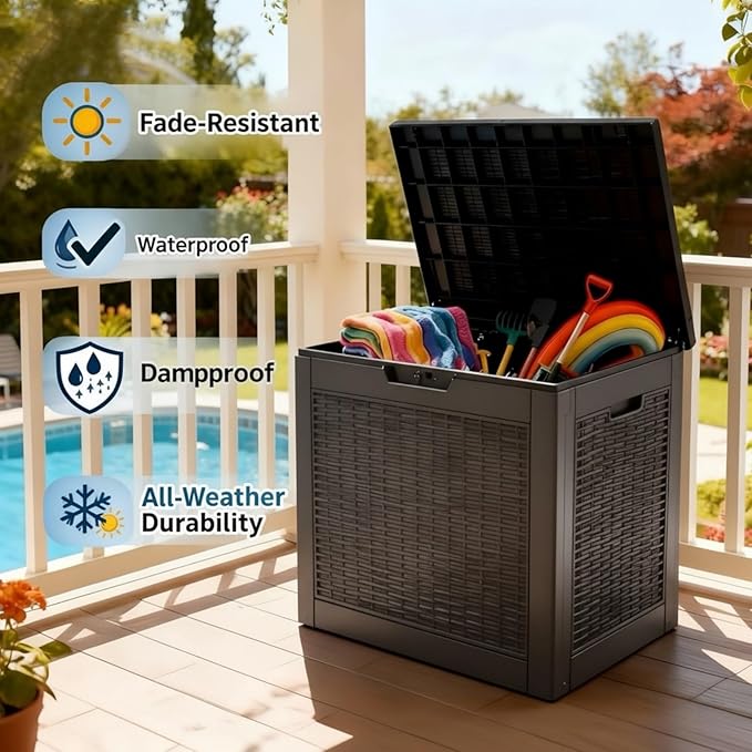 30 Gallon Resin Deck Box with Lockable Lid, Outdoor Storage for Patio Furniture Cushions, Garden Tools, Pool Accessories, All-Weather Waterproof Design