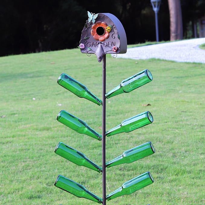 57" HMetal Bird House and Wine Bottle Tree, 2 in 1, Lawn Ornaments for Outside,As Garden Yard Decoration for Exterior Party Landscape Decoration