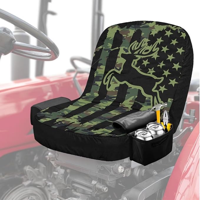 American Flag Tractor Seat Cover with Drink Pouch Deer Lawn Mower Seat Cover Protector with Elastic Edge Non Slip Tractor Accessories Gift for Friends