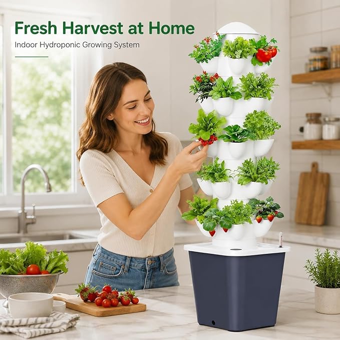 Vertical Hydroponic Tower Garden - 6 Tier Hydroponics Growing System Kit with 30 Pods, Water Tank & Pump, Aeroponic Tower for Herbs, Lettuce, Vegetables & Strawberries, Indoor Outdoor, Gray