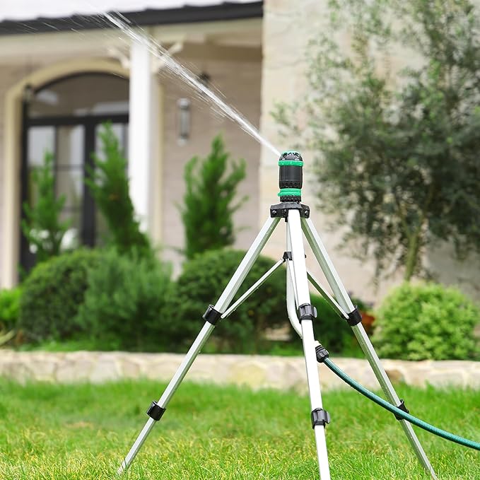 RESTMO Gear Drive Sprinkler with Tripod Base, 5-Pattern Multi-Adjustable Lawn Sprinklers for Yard, Heavy Duty Watering System for Garden Plant, Flower Bed and Large Area Watering
