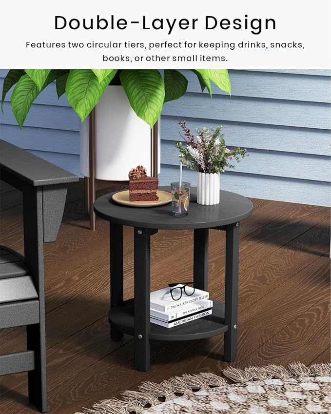 HDPE Outdoor Side Table for Patio, 18.1-Inch Weatherproof Small Outdoor Table for Adirondack, 2-Tier Round End Table for Garden Backyard Porch Deck Balcony Poolside (Black)