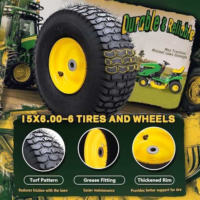 15x6.00-6 Tubeless Tire and Wheel Assembly(2 Pack) ，Replacement Riding Lawn Mower Front Tires,Compatible withRiding Mowers and Lawn Tractor, 3" Centered Hub and 3/4" Bushings（Yellow)