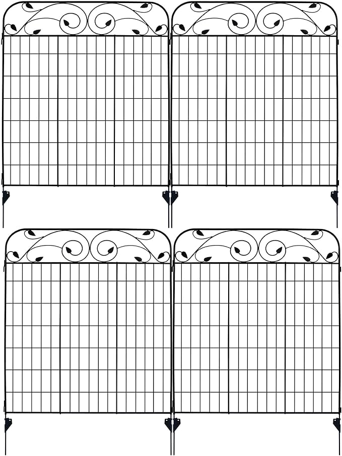 4 Pack 44" H 36" W (Linear Length 12 feet) Black Coated Heavy Duty Steel Decorative Garden Fence Panel with 8 Leaves, Heavy Duty Metal Wire Border Fencing Patio Flower Animal Barrier Section Panel