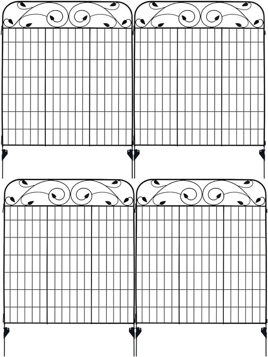4 Pack 44" H 36" W (Linear Length 12 feet) Black Coated Heavy Duty Steel Decorative Garden Fence Panel with 8 Leaves, Heavy Duty Metal Wire Border Fencing Patio Flower Animal Barrier Section Panel