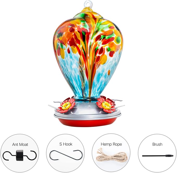 Hummingbird Feeder, 34OZ Hand Blown Glass Hummingbird Feeders for Outdoors Hanging, 4 Feeding Perch with Ant Moat Leakproof, Garden Yard Decor Gifts for Women Mom (Holiday Balloon) | LaElvish Garden Hummingbird Feeder, 34OZ Hand Blown Glass Hummingbird...