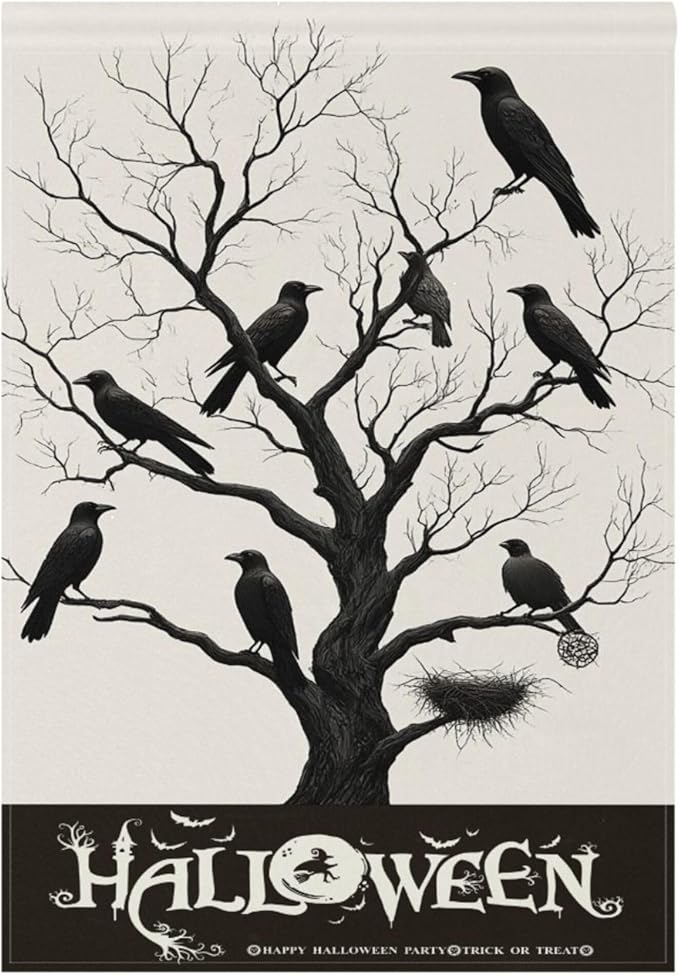 Halloween Black Raven House Flag 28x40 Inch Double Sided Outside Witch Bat Spooky Seasonal Yard Outdoor Flag Banner for Garden Lawn Patio Holiday Decorations