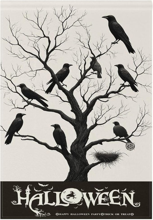 Halloween Black Raven House Flag 28x40 Inch Double Sided Outside Witch Bat Spooky Seasonal Yard Outdoor Flag Banner for Garden Lawn Patio Holiday Decorations