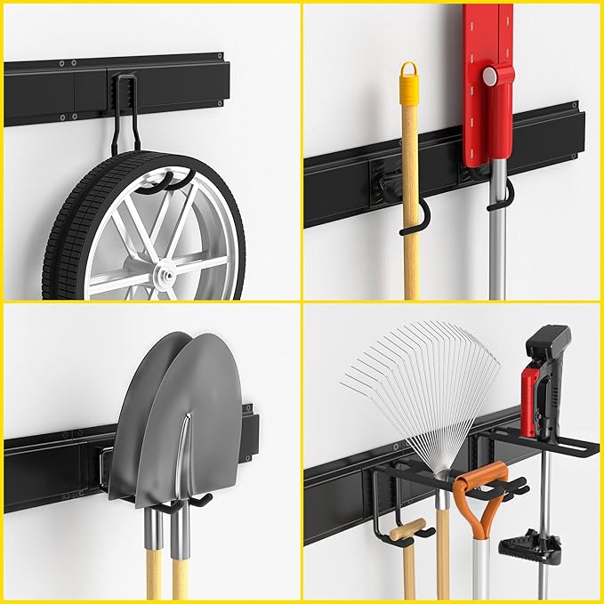 64" Ailadl Wall Mount Tool Storage Rack, 15 PCS Heavy Duty Steel Yard Garden Tool Organizer, Garage Tool Organizer Wall Mounted Storage System Hold Up to 550lbs, with 2 Extension Cord