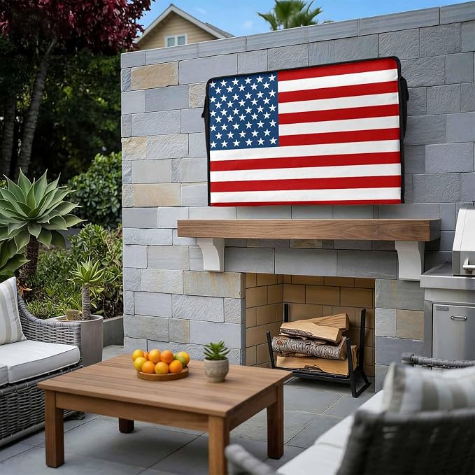 American Flag Outdoor TV Cover - 30-32 Inch Weatherproof, USA Flag Waterproof TV Enclosure with Zipper & Roll Up Front Flap