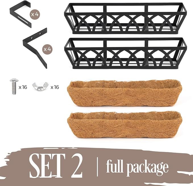 2 Pack 32IN Window Box Railing with Adjustable Brackets, Hanging Flower Planter Basket with Coco Liner for Outdoor Balcony Porch Fence Patio (Black)