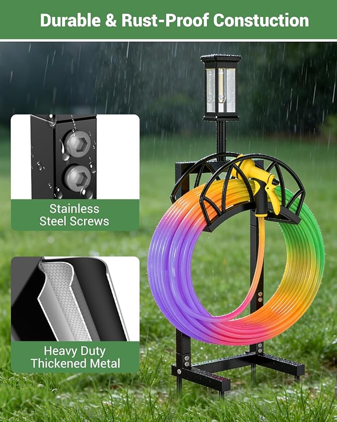 HZE Garden Hose Holder, Freestanding Water Hose Holder Stand for Outside with Solar Light, Heavy Duty Detachable Metal Garden Tube Storage Hanger Rack Holds 160 FT for Yard Lawn Farm, Black