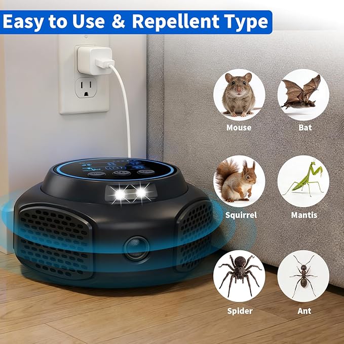 Ultrasonic Mouse Repellent Pest Control Repeller, Mouse Traps for Rodent, Mice, Ant, Rat, Squirrel, Bug, Roach, Bat, Rat ＆ Mice Repellent Device for House Plug in Indoor for Home 2Pack Black