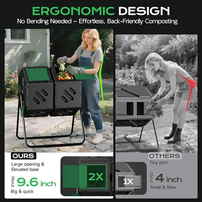 Compost Tumbler 45 Gallon/170L, Easy-Assemble Dual Chamber Compost Bin Outdoor, 360°Rotating Large Composter for Outside, Backyard, Garden, Gifts for Seasoned Gardeners & Beginners-Green