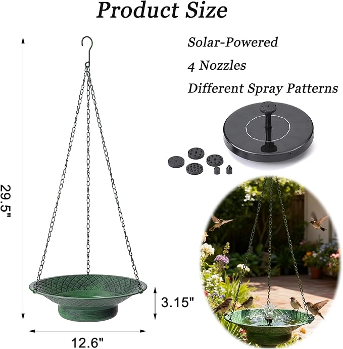 Hanging Bird Bath with Solar Fountain, 12.6" Solar Powered Bird Bath, Metal Hummingbird Fountain Bird Bath for Garden, Patio, Lawn Decor, Green