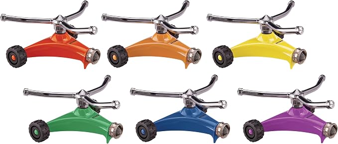 Dramm ColorStorm 3 Arm Whirling Sprinkler on 6" Wheeled Heavy Duty Metal Base, for Lawn, Yard, Garden and Large Area, Red, 70 Ft Diameter Reach