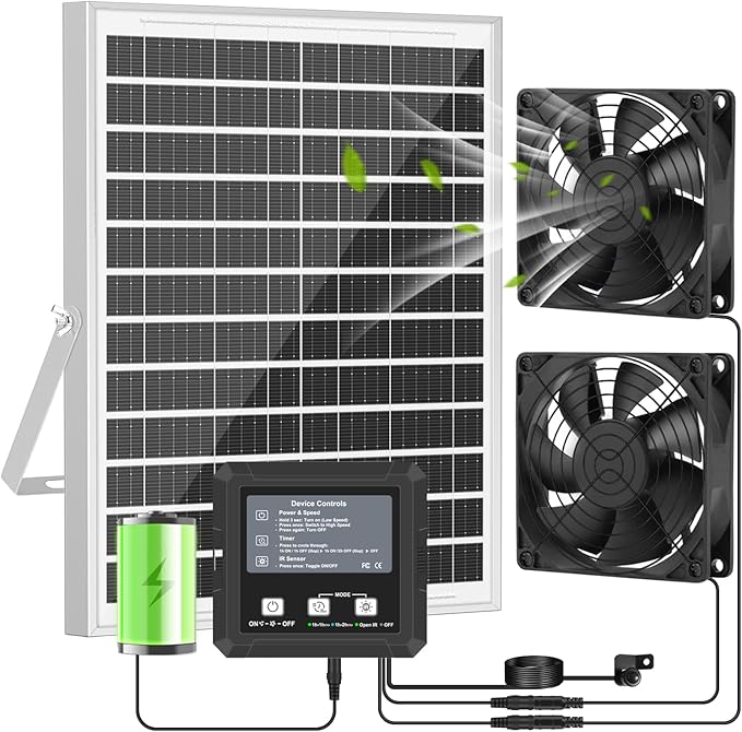 25W Solar Exhaust Fan with Battery, Solar Powered Fan for Shed & Greenhouse, 3 Modes Controller (Continuous/Timer/Motion Sensor), For Intake or Exhaust Vent Cooling for Chicken Coop, Dog House