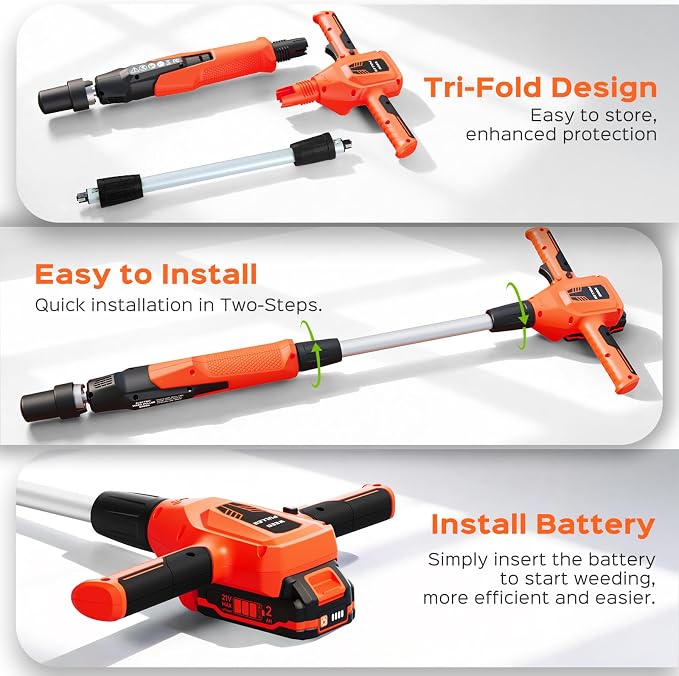 Weed Puller Tool, 21V Powerful Electric Weeder Tool with 2.0Ah Battery and Charger, Garden Tools Weed Pulling Tool with 3-Claw Steel Head for Smooth Weeding, Ideal Gifts for Men Women Mom Dad, Orange