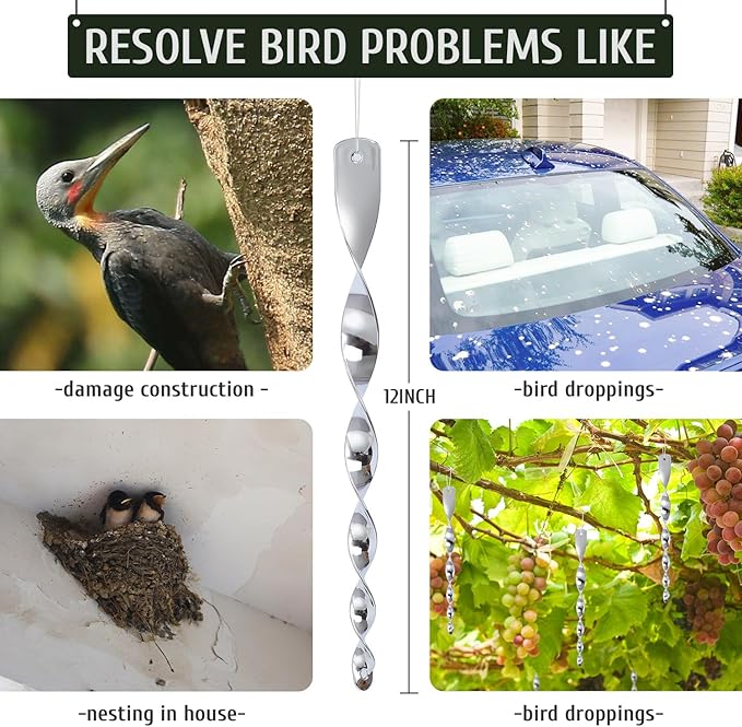 JUNIQUTE Bird Wind Twisting Scare Rods Reflective Ornamental Spiral Device Bird deterrents for Outside(12") (Set of 12)