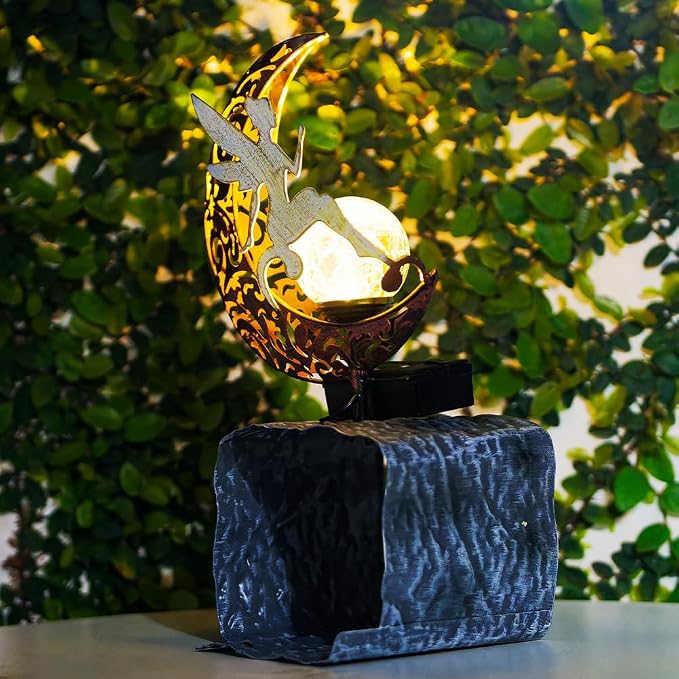 Metal Fairy Gutter Downspout Extensions with Solar Powered Glass Cracking Ball, Outdoor Waterproof Splash Block Sculpture Solar Garden Decor for Yard, Lawn