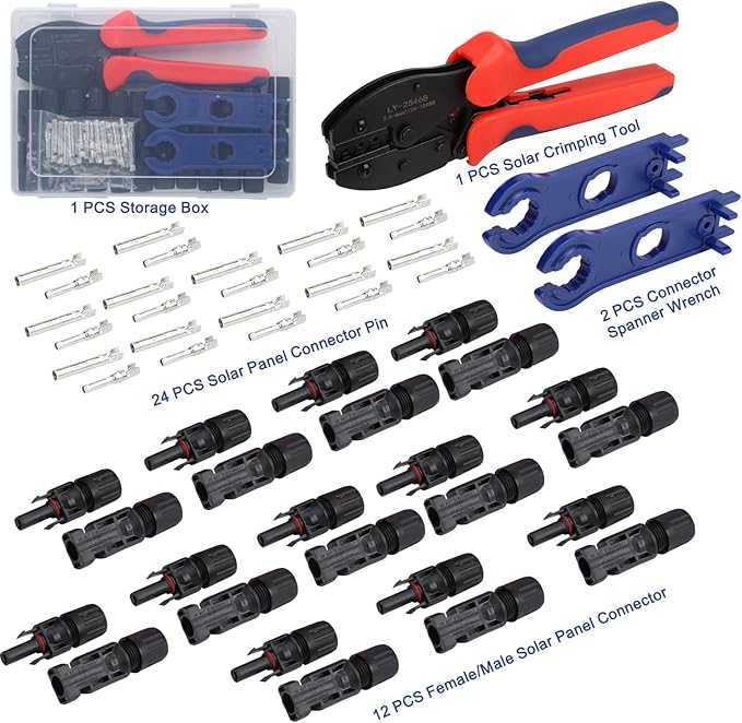 Solar Crimping Tool for Solar Panel Cable with 12 Pairs Solar Connectors, 1PCS Solar Crimper, 2 PCS Spanner Wrench, Crimper Tool for 2.5/4/6mm² Solar PV Wire