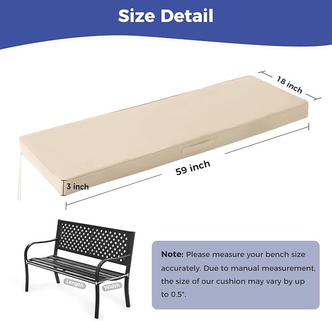 IPYNBAP Outdoor Bench Cushions for Outdoor Furniture, 59x18x3 Inch, Waterproof Bench Pillow, Fade Resistant Long Bench Seat Pads for Garden, Indoor, Porch Swing, Beige