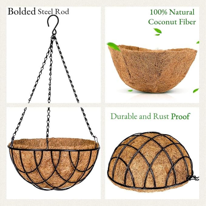 Kingbuy 12 Inch Metal Hanging Planter Basket with Coconut Liner Wire Plant Holder Watering Flower Baskets Pot Hanger Garden Decoration for Indoor Outdoor, 4 Pack