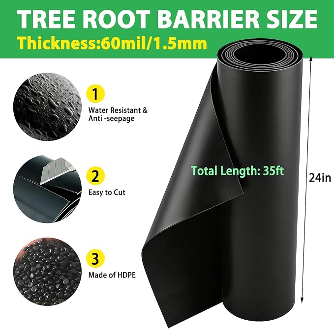 West Bay 35ft x 24in x 60mil Tree Root Barrier, Heavy-Duty Bamboo Root Barrier Weed Blocker for Landscape Tree Ring Edging Garden Borders Driveway and Sidewalk Protection Roads