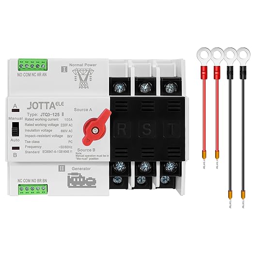 JOTTAELE ATS,Mini Size ATS,Automatic Transfer Switch 3P 100A 220V 50/60Hz,Changeover Switch for Generator,Household Emergency Switch for Power Supply