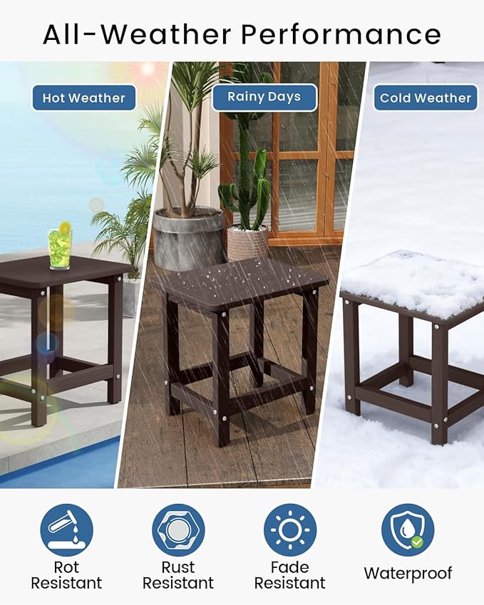 Weatherproof Outdoor Side Table, HDPE Small Outdoor Table for Adirondack, 16.6-Inch Patio Square End Tables for Garden, Backyard, Porch, Deck, Balcony, Poolside (Coffee)