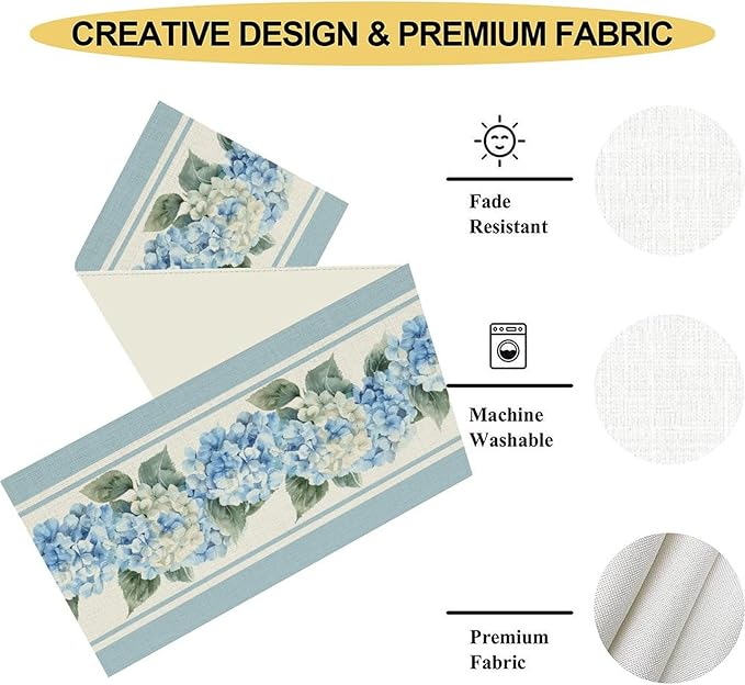 Blue Hydrangea Table Runner, Rustic Country Watercolor Floral Spring Summer Seasonal Flower Butterfly Farmhouse Table Center Decor for Family Kitchen and Dining Party Table Decorations, 13"x36"