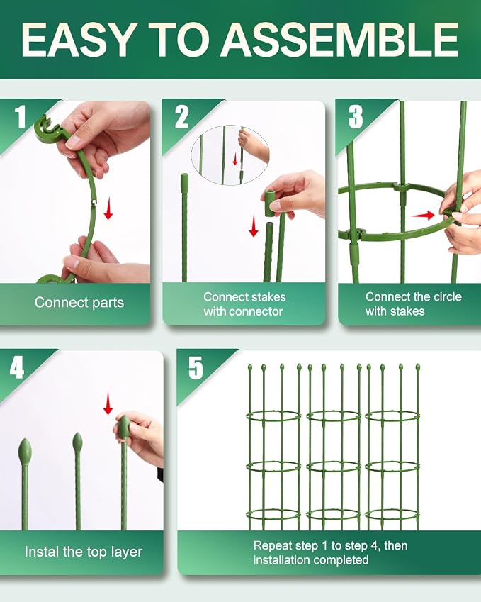 Breeze Touch Tomato Support Cages 3 Pack, Adjustable Tomato Trellis Up to 59 Inch for Garden & Pots, Small Plant Cages, Plant Support for Climbing Vegetables, Flowers, Beans, Cucumber, Peony
