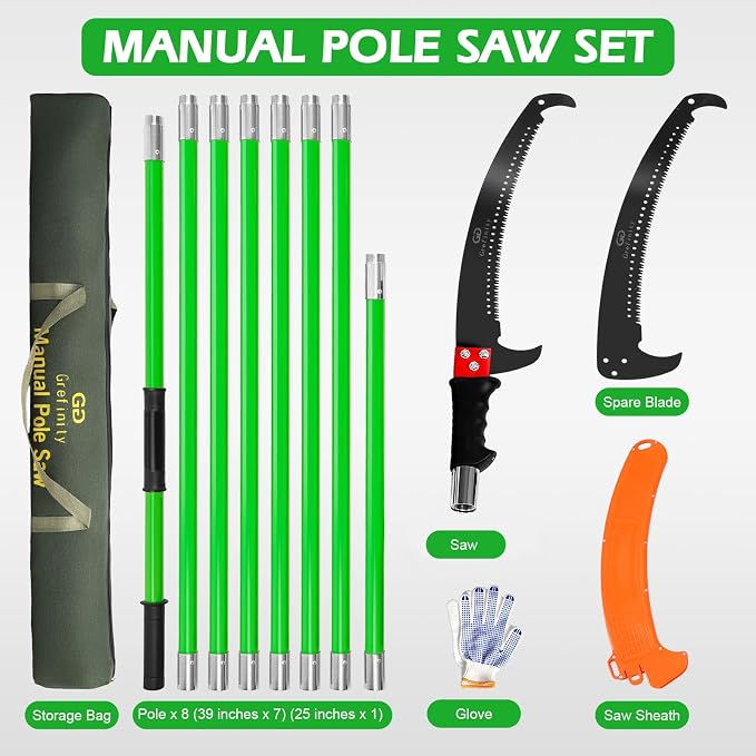 Grefinity Manual Pole Saw, 27 Ft Tree Trimmer, Extendable Pole Saws for Tree Trimming, Sharp Steel Blade, for Backyard and Garden Pruning Palms and Shrubs, Green