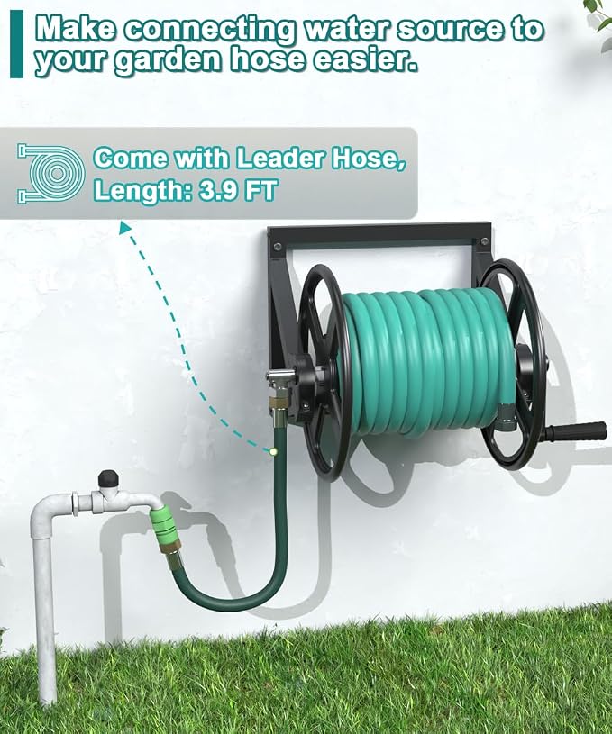 Artigarden Garden Hose Reel Wall Mounted, Outdoor Heavy Duty Powder Coated Metal Water Hoses Holder Winder Holds 125 ft 5/8" Hoses with 3.9ft Leader Hose, Stainless Steel Connector for Outside, Black
