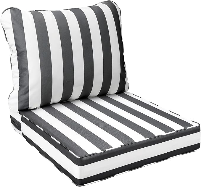 AAAAAcessories Outdoor Seat Cushions for Chairs, Fade-Resistant, Waterproof Patio Furniture Replacement Cushions, 23.5" x 25.5" x 5" + 23.5" x 19", Gray Cabana Stripe