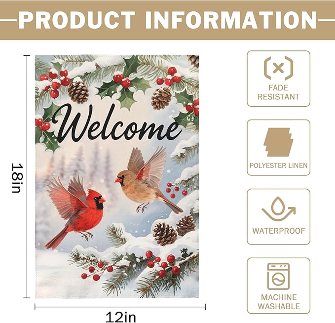 Welcome Winter Garden Flag 12x18 Inch Cardinal Bird Xmas Holiday Seasonal Theme Decorative Yard Flags for Outside Double Sided Outdoor Home Farmhouse Decoration Porch New Year Decor