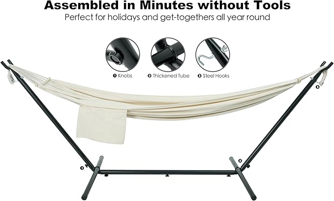 GAFETE Double Hammock with Stand for Outside, Upgraded Spreader Bar, Heavy Duty Space Saving Steel Stand 2 Person, Convenient Pocket, Easy Assembly, 600lbs Weight Capacity, Indoor & Outdoor (Natural