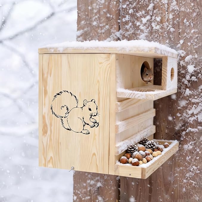 Extra Large Wooden Squirrel House Feeder Outdoor Heavy Duty Nesting Box | Solid pine 16lbs wildlife shelter with internal feeding platform. Flips open; features a predator guard & ladders.
