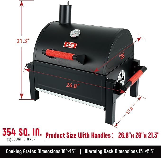 Feasto Portable Tabletop Charcoal Grill, 354 sq.in Cooking Area | with Cast Iron Grates & Temp Gauge, Small BBQ Grill for Camping, Picnic, RV, Outdoor Patio, Grey