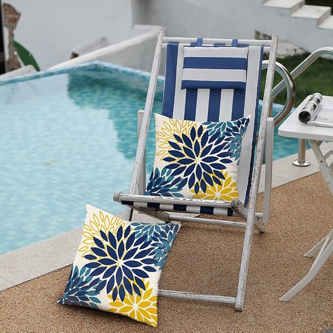 DFXSZ Blue Yellow Flower Pillow Covers 20x20 Inch Set of 2 Outdoor Throw Pillows Outdoor Waterproof Decor for Living Room Sofa Patio Funiture Garden Floral Polyester Pillow Covers 012D20