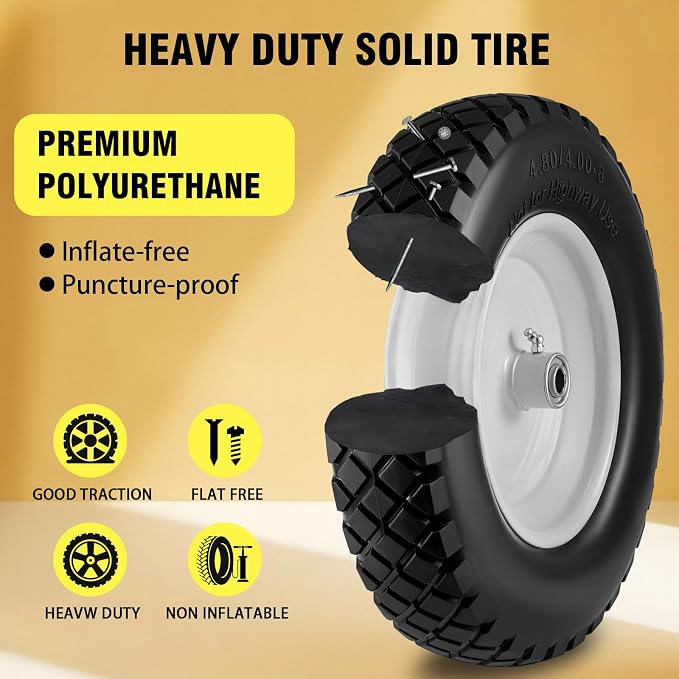 4.80/4.00-8" Tire and Wheel Flat Free 2 PCS, 16" Solid Wheelbarrow Tire with 5/8" & 3/4" Bearings,3"-7" Centered Hub, 14"-16" Universal Fit for Hand Truck/Garden Trailer/Trolley/Wagon