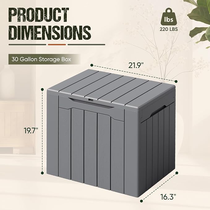 Flamaker Deck Box 30 Gallon, Waterproof Resin Small Storage Box with Lid, Outdoor Patio Furniture Cushion Garden Tool Organizer, Lockable Package Delivery Box for Porch Balcony (Gray)