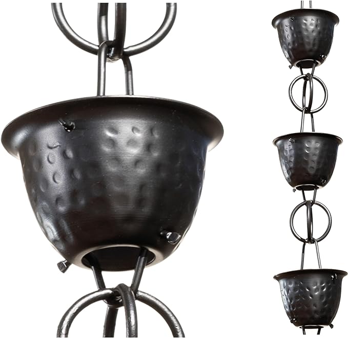 Monarch Rain Chains Aluminum Hammered Cup Black Rain Chains for Gutters – 3 ft Extension Black Decorative Rainchain Outdoor Durable Heavy Duty Gutter Chain Downspout, Modern Rainchains for Outside