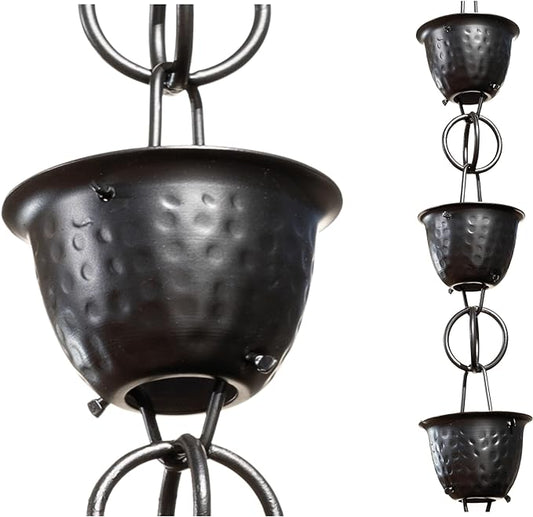 Monarch Rain Chains Aluminum Hammered Cup Black Rain Chains for Gutters – 3 ft Extension Black Decorative Rainchain Outdoor Durable Heavy Duty Gutter Chain Downspout, Modern Rainchains for Outside