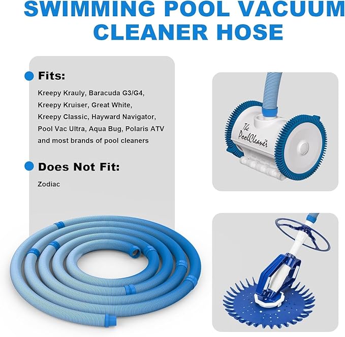 Poolvio Pool Vacuum Hose 33 Feet (10 x 40 Inch), 1.5 Inch Cuffs, Compatible with Most Inground Pool Automatic Cleaners, Blue